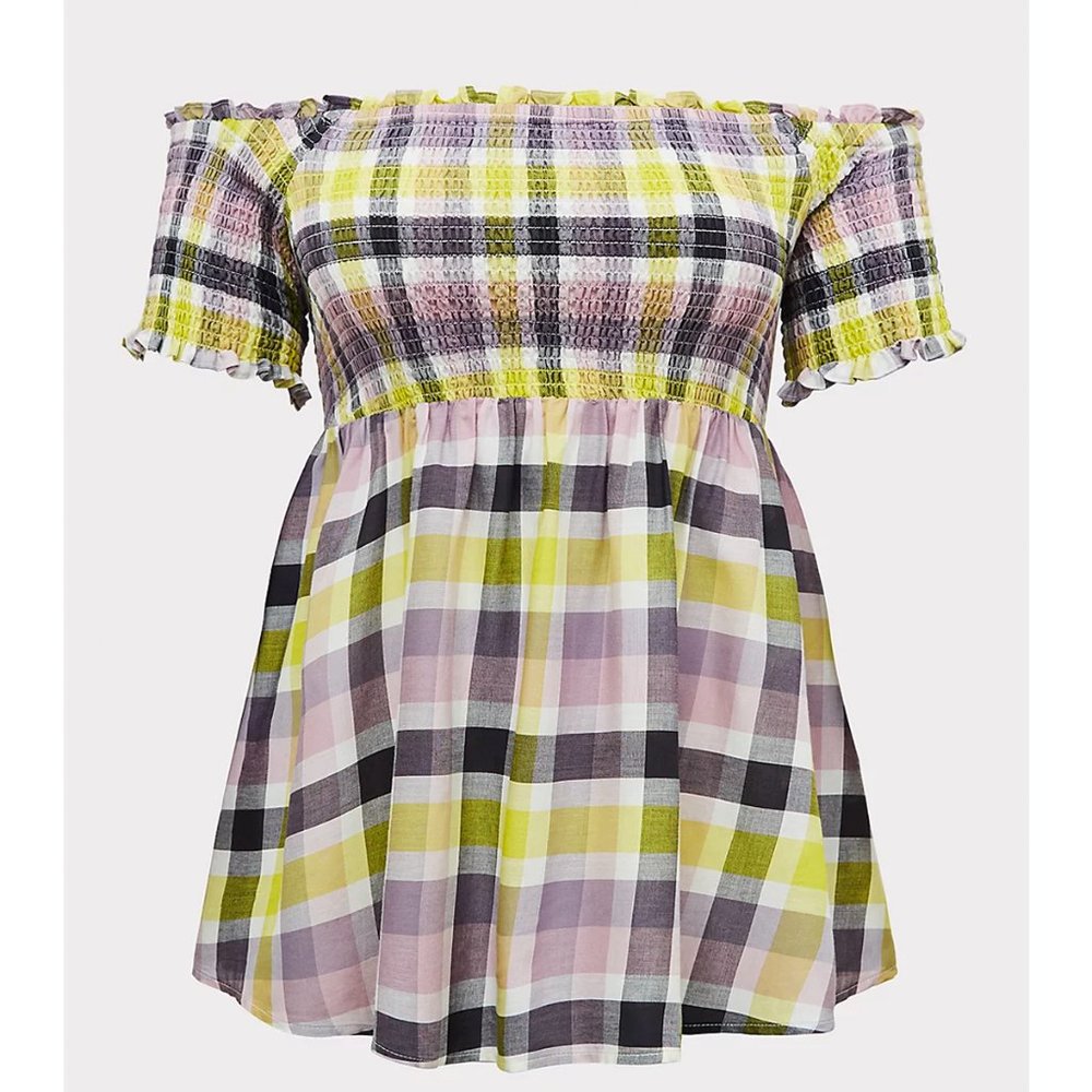 TORRID Plaid Peplum Babydoll Gauze Smocked Off-Shoulder Top NWT Size 1 - Picture 5 of 5